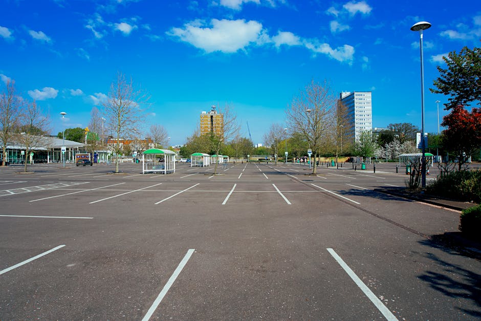 An aerial view of a small parking area surrounded by trees with yellow, green, and orange autumn leaves, showing five parked cars including a white hatchback, a black SUV, a silver sedan, a blue hatch